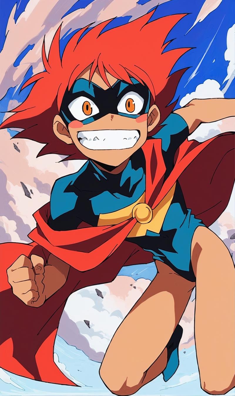 Edward, 1girl, solo, score_9, score_8_up, score_7_up, source_anime, red hair, orange eyes, blush stickers, flat chest, superhero, mask, long flowing cape, skyscrapers, big grin, jumping, <lora:Edward Pony XL:0.8>