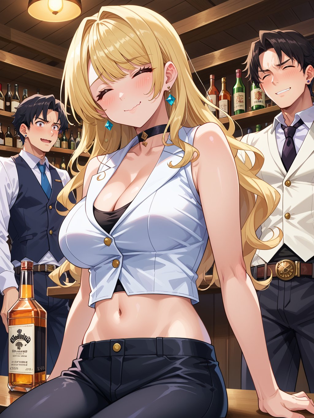 score_9, score_8_up, score_7_up,source_anime,bar, Bottle of liquor, sigh, sitting on table, many men,multiple boys, from below, (men smile), 1girl, spsara, blonde long hair, ruby earrings, large breasts, choker, cleavage, black pants, (midriff:1.5), (white vest), navel, (bare stomach), sleeveless, bare shoulders, (tight vest), (short vest), closed eyes, looking at viewer, embarrassed, wavy mouth, blush, upper body, cowboy shot, looking at viewer, urushihara satoshi style, detailed background,