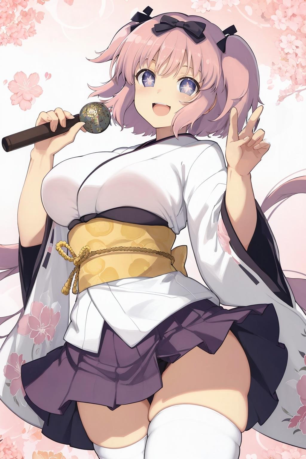 kimono, masterpiece, best quality, hibari (senran kagura), symbol-shaped pupils, pink hair, open mouth, big breasts, (+_+:1.1), sparkling eyes, blue eyes, short twintails, smile, dynamic pose, thighhighs <lora:hibari_senran kagura-000012:0.8><lora:Senran_kagura_style:0.2>