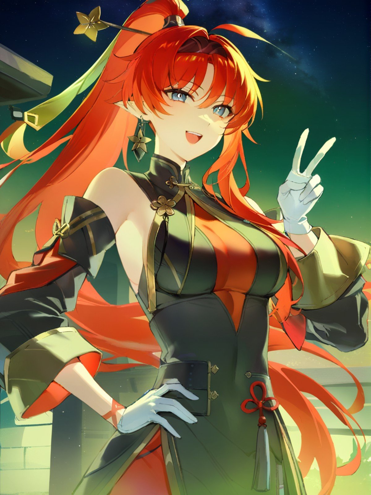 1girl, yinlin \(wuthering waves\),   solo, sky, star \(sky\), ahoge, single earring, blue eyes, hand on own hip, smile, long hair, looking at viewer, white gloves, outdoors, breasts, long sleeves, upper body, red hair, detached sleeves, v, starry sky, night, night sky, single glove, teeth, earrings, medium breasts, jewelry, bare shoulders, gloves, ponytail, open mouth, upper teeth only, masterpiece, best quality,  safe <lora:mki-ani3-yinlin-v1:1> <lora:mki-ani31-blackmeow-v1-000120:1>