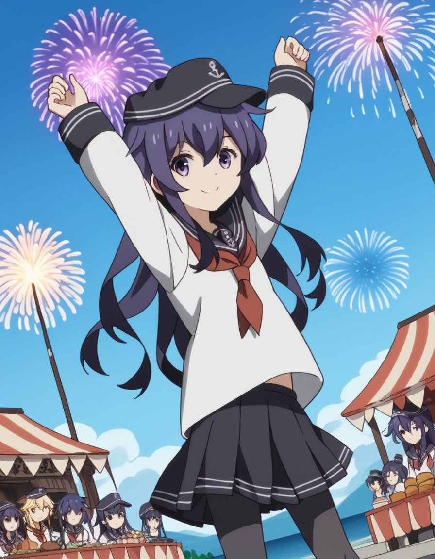 score_9, score_8_up, score_7_up, source_anime, <lora:kancolle-akatsuki-s1-ponyxl-lora-nochekaiser:1>, akatsuki, long hair, hair between eyes, purple eyes, purple hair, akatsuki (kancolle), skirt, shirt, long sleeves, hat, school uniform, pantyhose, pleated skirt, serafuku, black skirt, sailor collar, neckerchief, black pantyhose, red neckerchief, anchor symbol, flat cap,, festival, fireworks, summer night, food stall, traditional, arms up,, smile, looking at viewer, smile, from side, solo,, cowboy shot, dutch angle