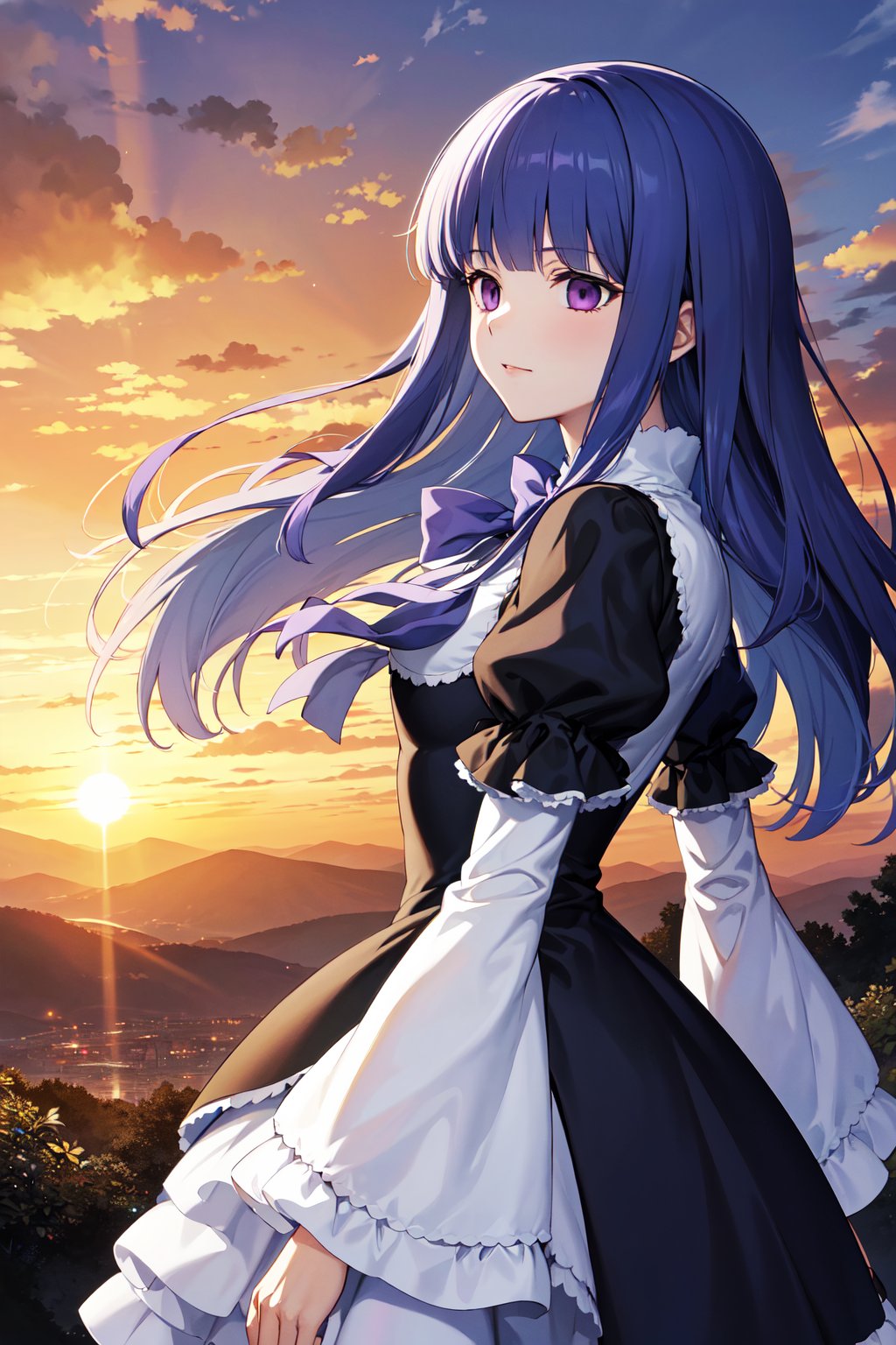 masterpiece, best quality, highres, aabern, long hair, blue hair, blunt bangs, purple eyes, bowtie, frills, black dress, puffy sleeves, short over long sleeves, long sleeves, <lora:frederica_bernkastel_v1:0.7>, from side, sunset