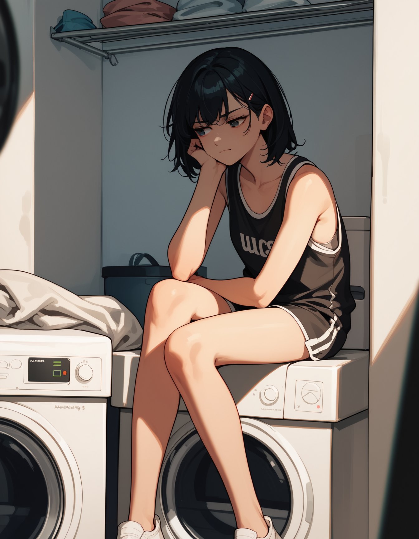 score_9,  score_8_up, score_7_up, source_anime, 1girl, streetwear, washing machine, sitting, looking to the side, bored, smug