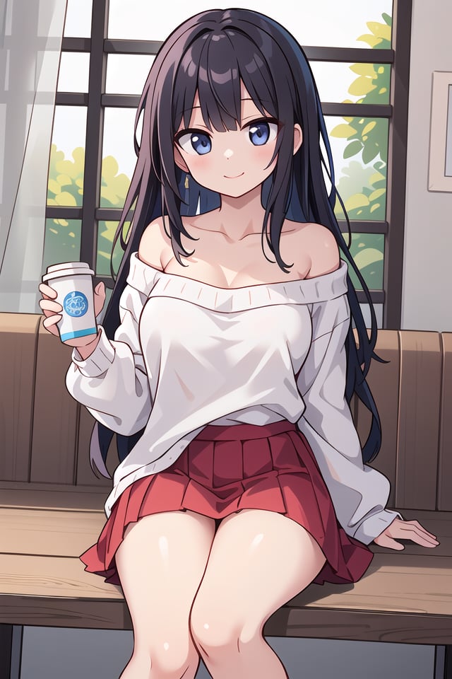 insanely detailed, absurdres, ultra-highres, ultra-detailed, best quality,1girl, solo, nice hands, perfect hands,BREAKwearing sweater, off shoulder sweater, one piece sweater, sweater with long sleeves, bare shoulder, collarbone, red skirtBREAKhappy smile, laugh, closed mouth,sitting, holding coffee cup,from below, cowboy shot, looking at viewerBREAKslender, kawaii, perfect symmetrical face, ultra cute girl, ultra cute face, ultra detailed eyes, ultra detailed hair, ultra cute, ultra beautiful,BREAKindoors, in coffee shopBREAKlarge breasts, black hair, long hair, black eyes