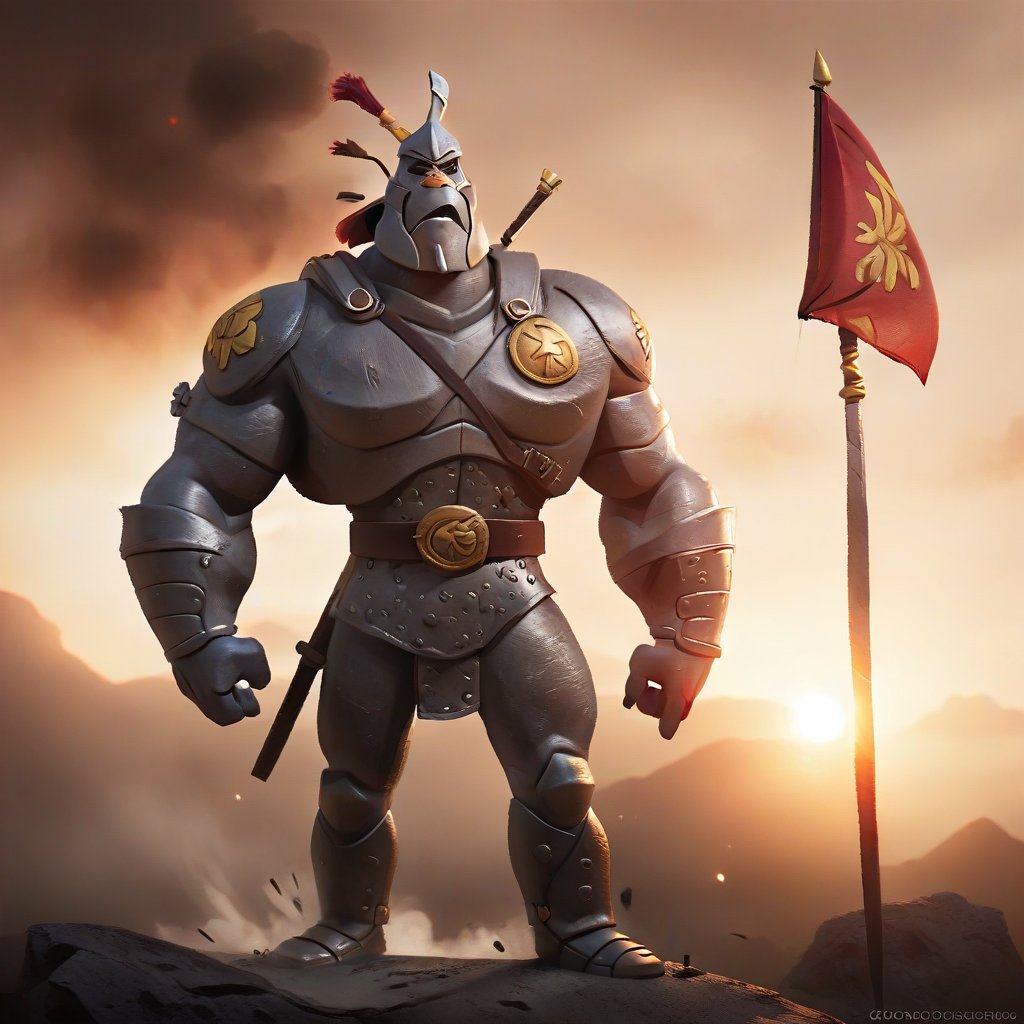 a warrior towering on a battlefield, armor, fantasy, flags, smoke, sunset, backlight, micro, depth of field, cinematic, color grading <lora:RealisticCartoon_0.2:1> 