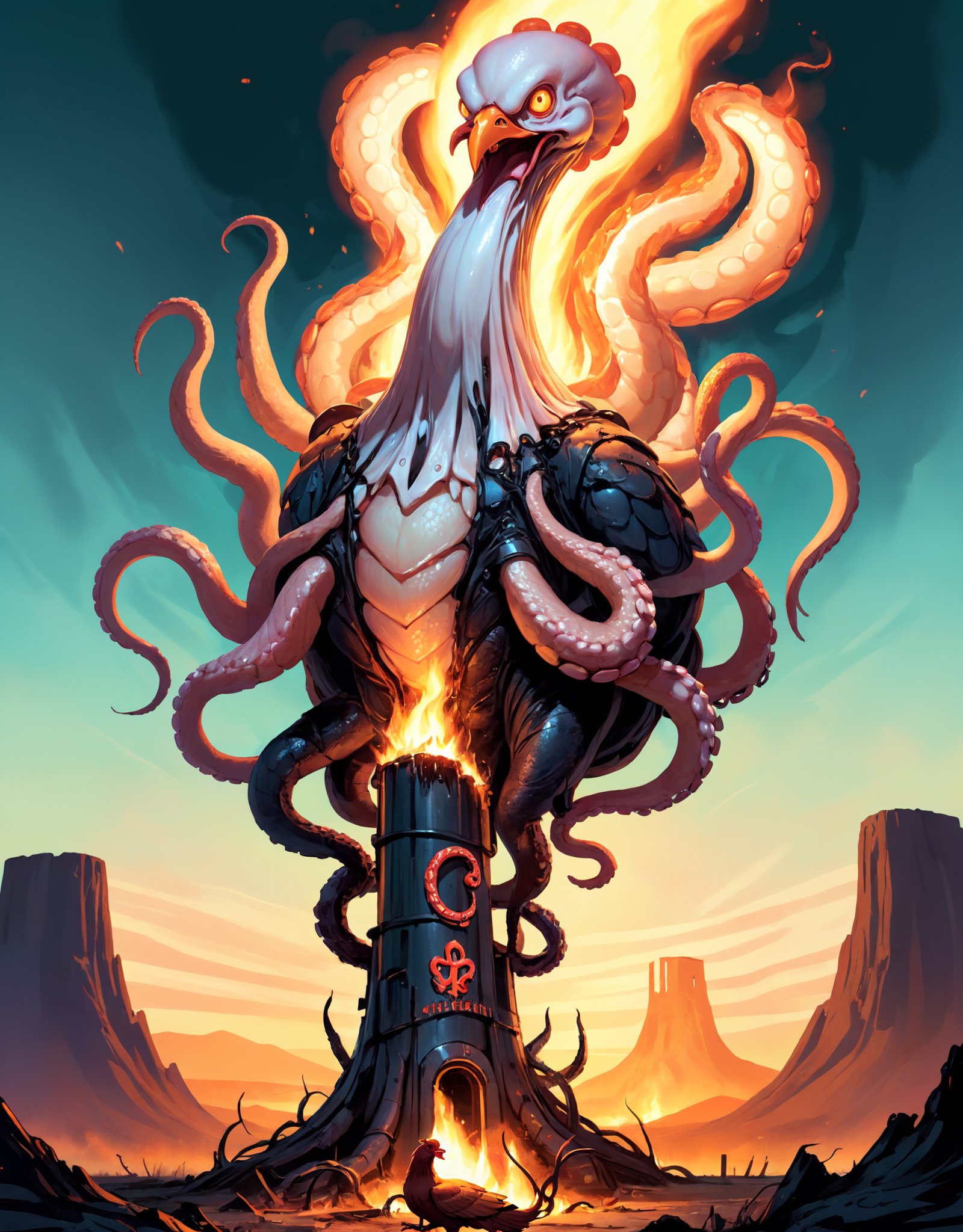 Illustration of a monstrous, tentacled entity towering over a post-apocalyptic landscape, with its serpentine limbs reaching out to grasp a roasted chicken. The chicken is adorned with ancient symbols, surrounded by flickering flames, and exudes an eerie, otherworldly glow.