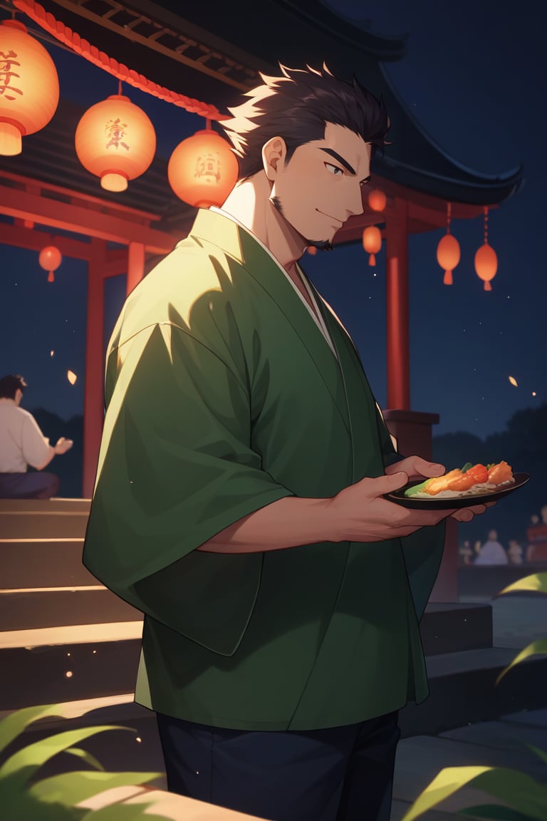 score_9, score_8_up, score_7_up, score_6_up, hannekenjinbei, outdoor, japanese architecture, night, summer festival, summer night, nighttime, feet out of frame, perfect anatomy, perfect proportions, best quality, masterpiece, high_resolution, high quality, aesthetic, absurdres, male focus, solo male, asian man, very short hair, black hair, black eyes, facial hair, green japanese clothing, green jinbei \(japanese clothing\), yarn knitting on sleeves, wide sleeves, short sleeves, side-knot closure clothing, indigo jinbei half pants, uchiwa handheld fan, adult, mature, masculine, manly, handsome, charming, alluring, standing, upper body, dutch angle, cowboy shot, from side, shinto shrine approach lined, food stalls<lora:EMS-444564-EMS:0.800000>