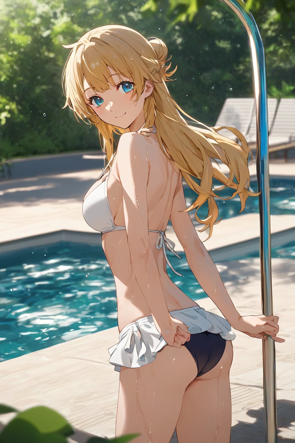 score_9, score_8_up, score_7_up, score_6_up, score_5_up, score_4_up, source_anime,ritto, single hair bun,1girl, solo, pool, swimsuit, solo, water, bikini, ass, looking back, wet, smile, outdoors, day, looking at viewer, tight body,standing,masterpiece, perfect face, best quality, beautiful girl, cute girl, beautiful eyes, shiny eyes, anime coloring, anime screencap, absurdres, award winning, <lora:ritto nai 903:0.8>