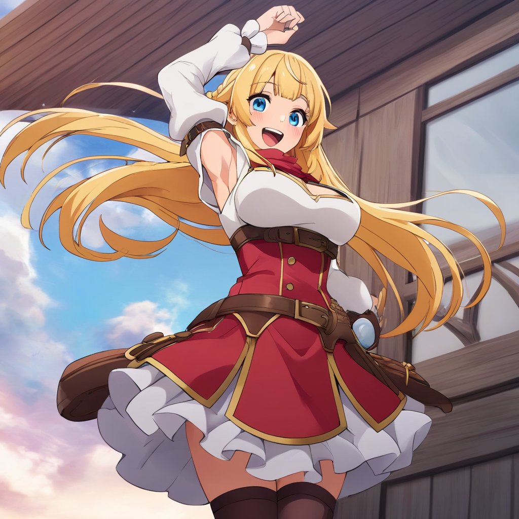 score_9, score_8_up, score_7_up, score_6_up, score_5_up, score_4_up, source_anime,ritto, rit_season_one,1girl, solo, long hair, blonde hair, blue eyes, thighhighs, smile, open mouth, sky, cloud, long sleeves, outdoors, breasts, clothing cutout, day, arm up, braid, puffy sleeves, :d, very long hair, blue sky, dress, blush, belt, armpits, armpit cutout, looking at viewer, black thighhighs, teeth, blunt bangs, medium breasts, upper teeth only, cowboy shot, standing, cleavage cutout, skirt, cloudy sky, white sleeves, standing,masterpiece, perfect face, best quality, beautiful girl, cute girl, beautiful eyes, shiny eyes, anime coloring, anime screencap, absurdres, award winning,<lora:ritto auti 901 1:0.8>