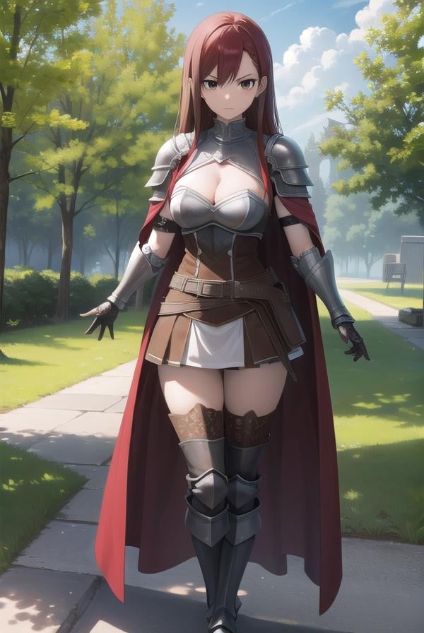 erzascarlet, <lora:erza scarlet v2-lora-nochekaiser:1>,erza scarlet, long hair, (red hair:1.5), hair between eyes, (brown eyes:1.7),BREAK skirt, thighhighs, cleavage, boots, belt, sword, cape, armor, gauntlets, armored boots, greaves, knight,BREAK outdoors, forest, nature, sky, sun, clouds, trees, grass,BREAK looking at viewer,BREAK <lyco:GoodHands-beta2:1>, (masterpiece:1.2), best quality, high resolution, unity 8k wallpaper, (illustration:0.8), (beautiful detailed eyes:1.6), extremely detailed face, perfect lighting, extremely detailed CG, (perfect hands, perfect anatomy),