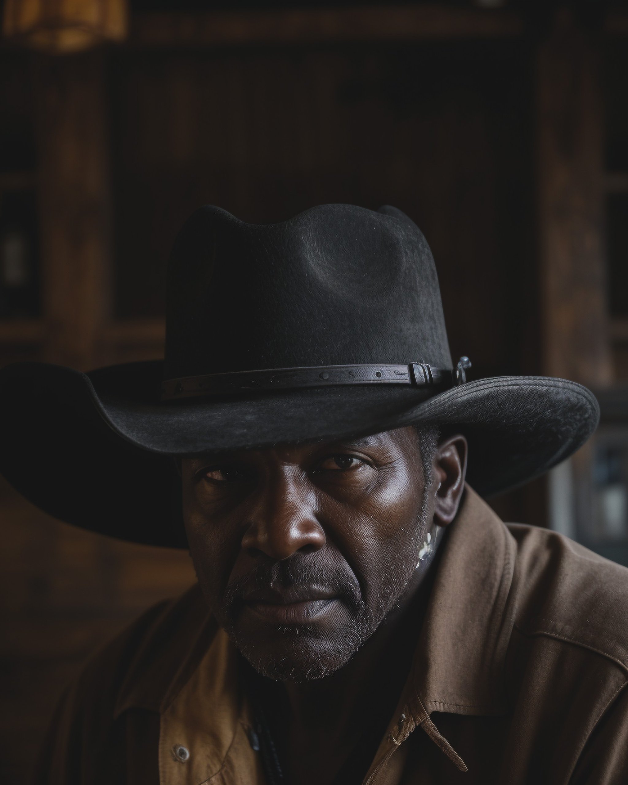 (1boy), 48 years old, upper body shot, black African American cowboy, dark skin, (old west saloon background, leaning against an old wooden bar), natural skin imperfections, skin pores, (side view, eyes glaring at the viewer), ((an all black Stetson cowboy hat)), highly detailed face, (film grain, ultra-detailed skin), cinematic, volumetric fog, smokey saloon, photorealistic detail, RAW photo, (surreal:0.4), hyper detailed photorealistic life-like accurate proportional 8k sharp focus, (accurate cinematic lighting), photorealistic detail, (selective focus:0.6)