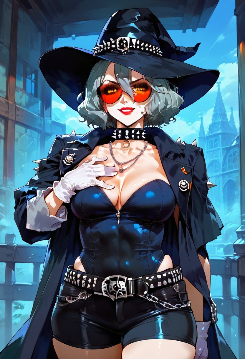 score_9,score_8_up,score_7_up,source_anime, Victoria Fent,1girl,solo,breasts,looking at viewer,smile,large breasts,gloves,hat,cleavage,hair between eyes,jewelry,collarbone,jacket,weapon,thighs,cowboy shot,parted lips,open clothes,shorts,choker,belt,white gloves,necklace,collar,leotard,coat,gradient,black headwear,covered navel,makeup,witch hat,chain,black shorts,sunglasses,lipstick,hand on own chest,spikes,open coat,red lips,tinted eyewear,spiked choker