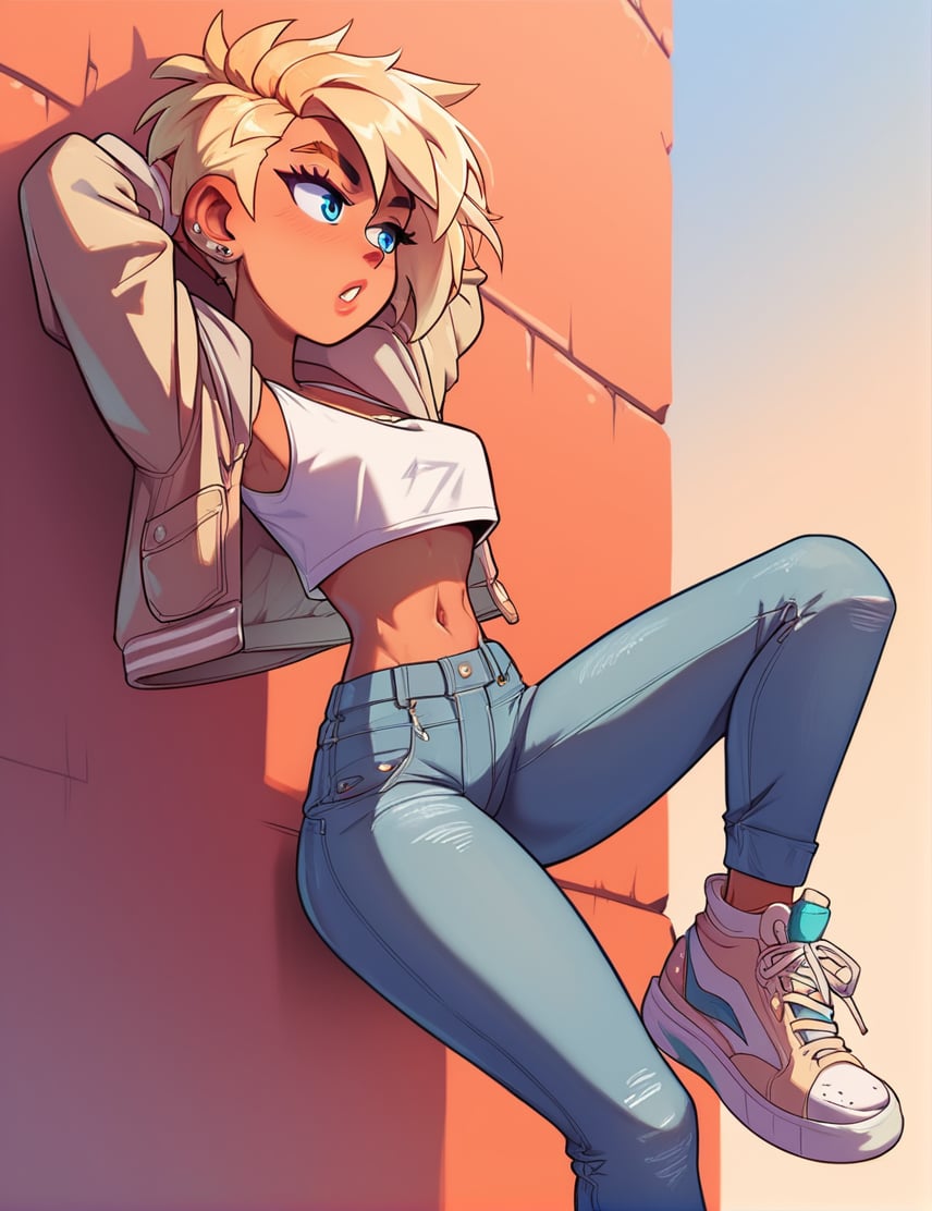 score_9, score_8_up, score_7_up,  rating_explicit, (1girl), skinny blonde, sneakers, high-waist jeans, crop top, tan Jacket  