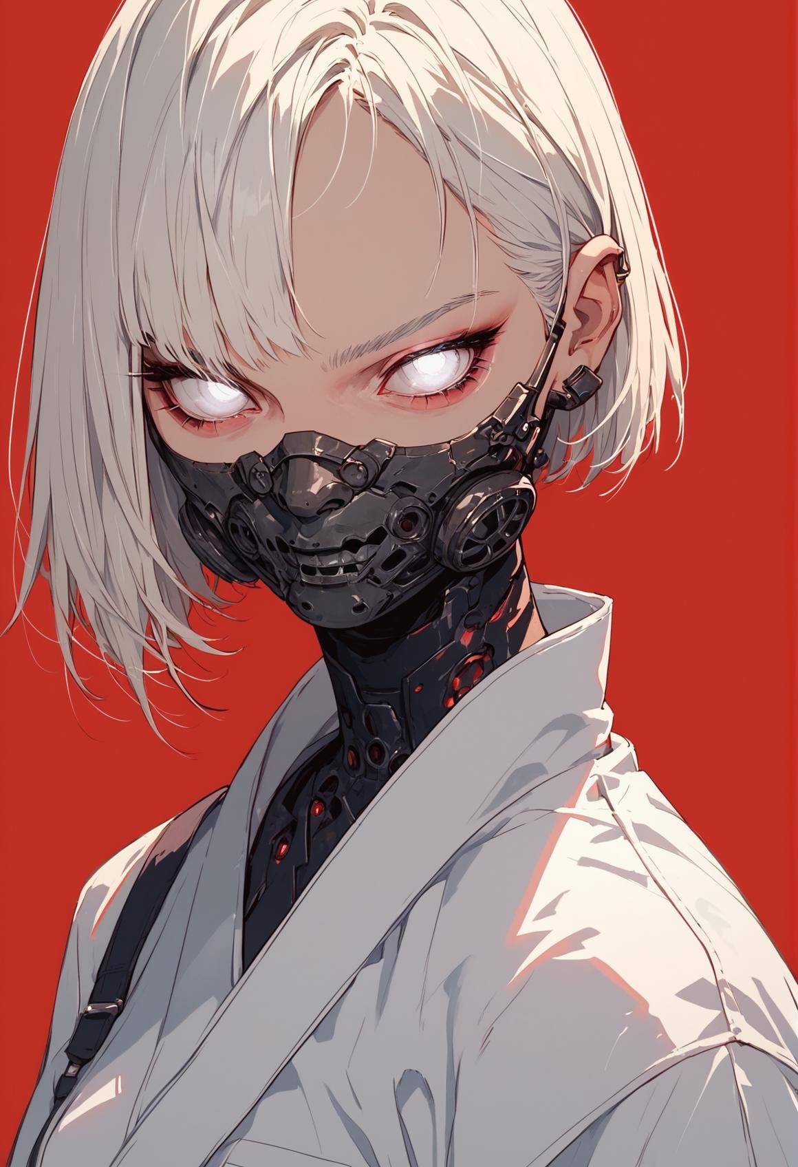 (score_9, score_8_up), score_7_up, zPDXL, 1girl, white hair, short hair, white eyes, mouth mask, looking at viewer, white kimono, red background, film grain, cowboy shot <lora:Sinozick_Style_XL_Pony:1>, sinozick style