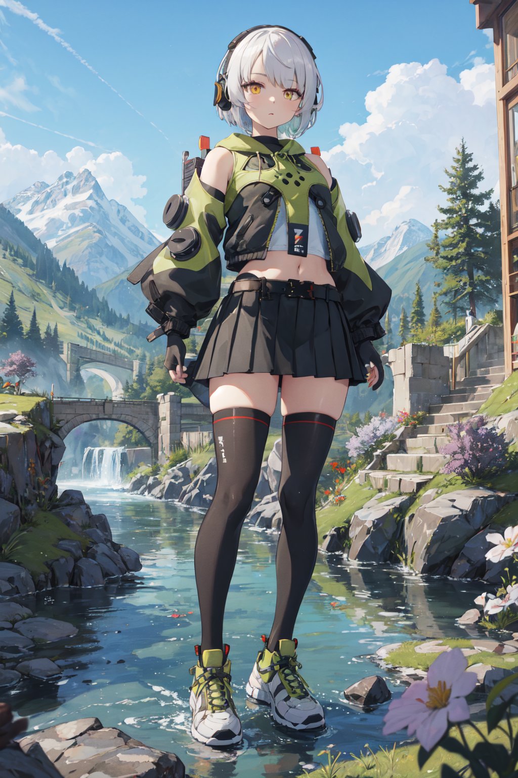 <lora:Anby-000020:0.88>,Anby CYQL,1girl,looking at viewer,solo,short hair,white hair,headphones,yellow eyes,jacket,midriff,long sleeves,detached sleeves,gloves,black gloves,fingerless gloves,navel,skirt,pleated skirt,black skirt,belt,thighhighs,black thighhighs,shoes,sneakers,green footwear,Tsundere,upper_body,Trickling through the mountains, the clear stream allows a view of its pebbled bed, surrounded by clusters of wildflowers along its banks and moss-covered rocks. Occasionally,beautiful detailed sky,beautiful detailed glow,posing in front of a colorful and dynamic background,masterpiece,best quality,beautiful and aesthetic,contrapposto,female focus,wallpaper,