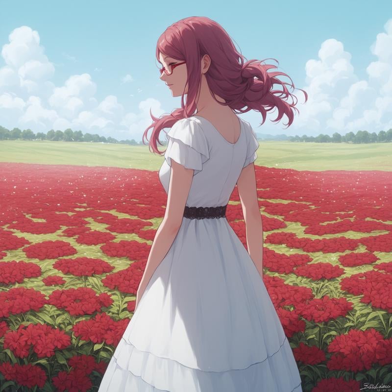 <lora:SlimesRize-000006:1>, score9_up, score8_up, score7_up, score6_up, slimes_rize, woman, solo, dress, red glasses, red flower field background