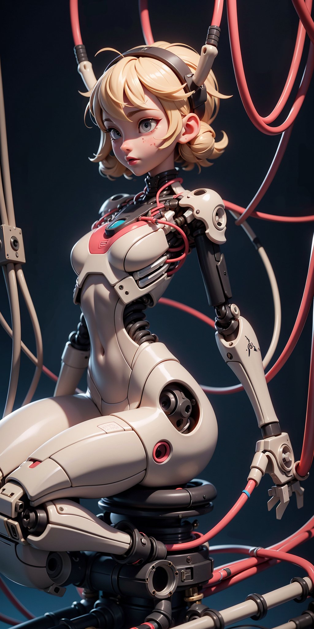 ((Full front shot)),(best quality),((an extremely delicate and beautiful)),((Chest covered)),cinematic light,(1mechanical girl),solo,((upper torso hanging by wires)),((Hanging by wires and tubes)),(machine made joints:1.2),((mechanical limbs)),(blood vessels connected to tubes),(mechanical vertebra attaching to back),((mechanical cervical attaching to neck)),(sitting),(chest covered),(wires and cables attaching to neck:1.2),(wires and cables on head:1.2),(character focus),science fiction,