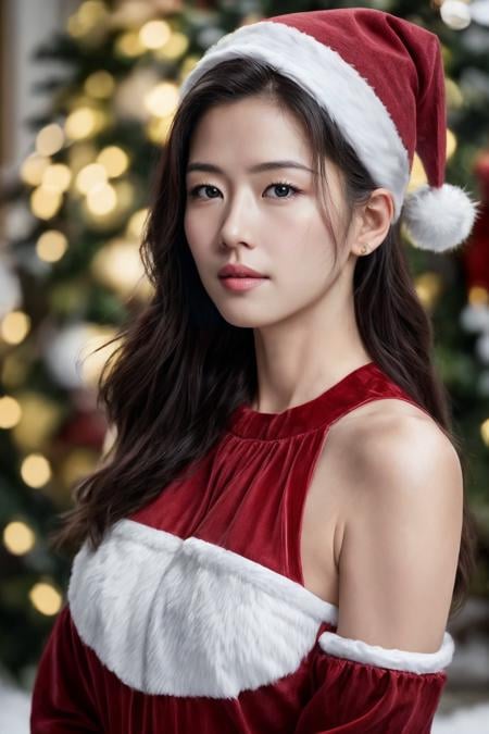 hyperrealism, solo, wearing santa claus outfit, christmas theme, snow christmas background in the morning , mature body, upper body, realistic, hyperrealism, (mature body), (upper body:1.5), nikon RAW photo,8 k, Fujifilm XT3,masterpiece, best quality, realistic, photorealistic, ultra detailed, extremely detailed face, 