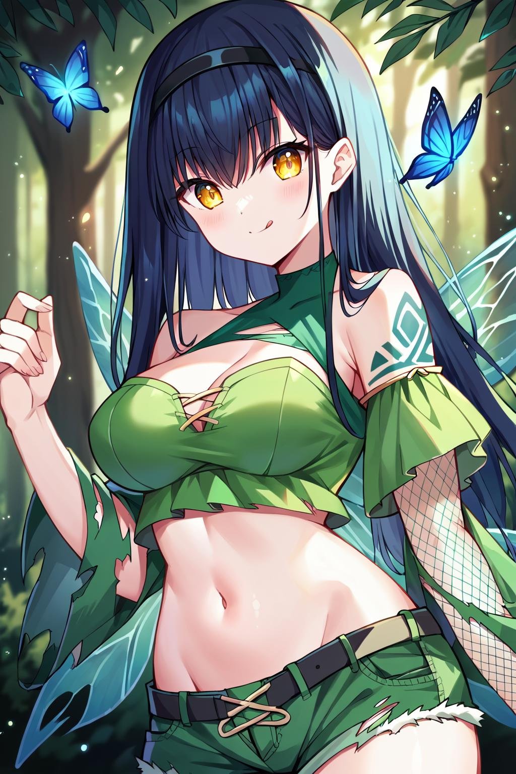 score_9, score_8_up, score_7_up, score_6_up, rating_questionable, source_anime, best quality, masterpiece, detailed background, detailed eyes, forest, glowing blue butterflies, green crop top, off-shoulder, fishnet sleeves, green tribal shorts, midriff, fairy wings, tribal tattoos, (torn clothing), <lora:kushima-kamome-xl-03:1>, kushima kamome, yellow eyes, black headband, medium breasts, full breasts, seiza, tongue out, furrowed eyebrows,