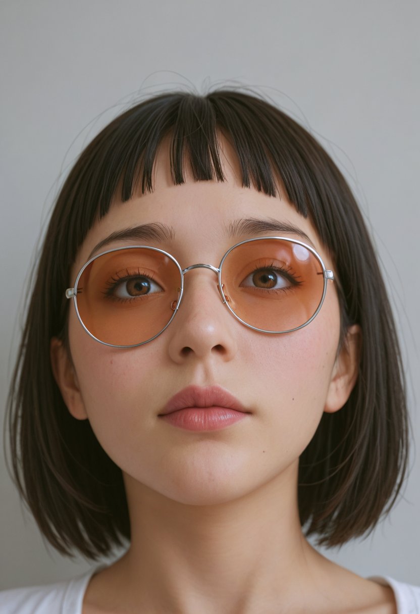 score_9, score_8_up, score_7_up, score_6_up, BREAK , source_real, raw, photo, realistic,  BREAK, High angle shot, Dutch angle, portrait of 1 girlJapanese idol, solo, realistic styleShort black hair with blunt bangsAmber sunglassesGazing at viewer, closed mouthClose-up on faceFocused on lips and noseLooking up