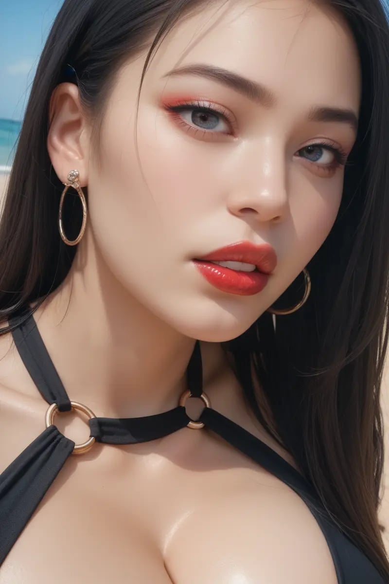 score_9, score_8_up, score_7_up,1girl, 20 years old girl, black long hair, bangs, makeup, red lips, earrings, huge breasts, bikini, o-rings, cleavage, wide hip, slim waist, choke, beach, seashore, pouty lips,close up face, t-shirt,