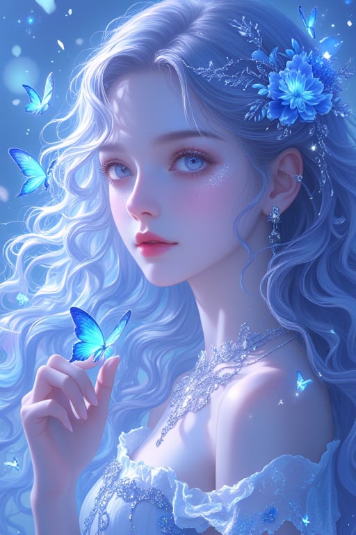 A serene fantasy portrait of a young woman with ethereal blue hair,adorned in delicate jewelry and surrounded by floating butterflies against an enchanting celestial backdrop,