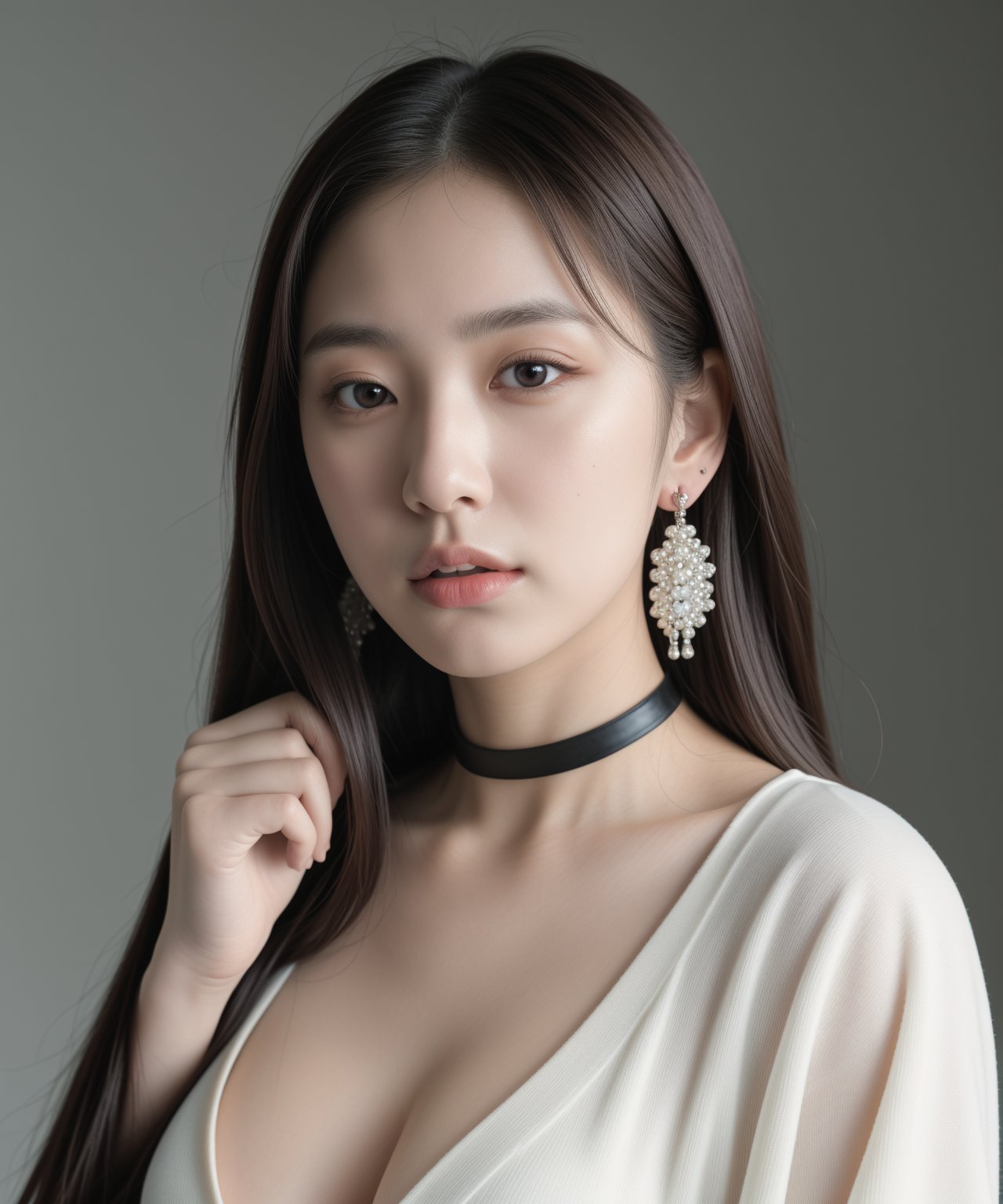 (masterpiece:1.35),(best-quality:1.4), 8k, ultra-detailed, photography, (ultra-realistic:1.4), film grain, portrait photo of 23 years old J-pop woman in white cardigan, (flowing long hair, run her hand through her hair), earrings, choker, cleavage, pale skin, (pout, thin lip), hard shadows, simple background, (instagram photo),