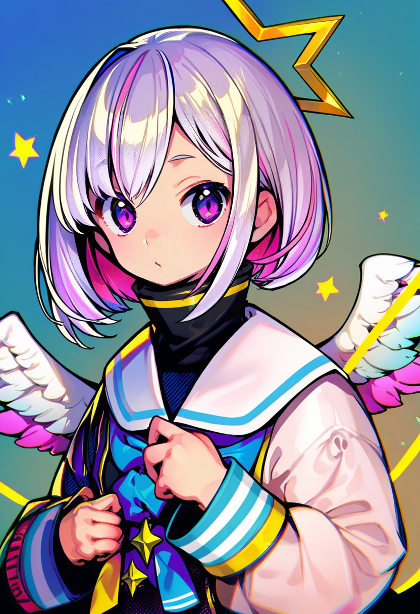 score_9, score_8_up, score_7_up, score_6_up, <lora:GyokaiXL_P6_lokr_V53P1E1:0.95> 1girl, amane kanata, star halo, solo, virtual youtuber, wings, halo, multicolored hair, bob cut, colored inner hair, angel, feathered wings, short hair, single hair intake, angel wings, purple eyes, armband, grey hair, asymmetrical hair, looking at viewer, upper body, sailor collar, blue hair, pink hair, turtleneck, long sleeves, streaked hair, jacket, mini wings, bangs