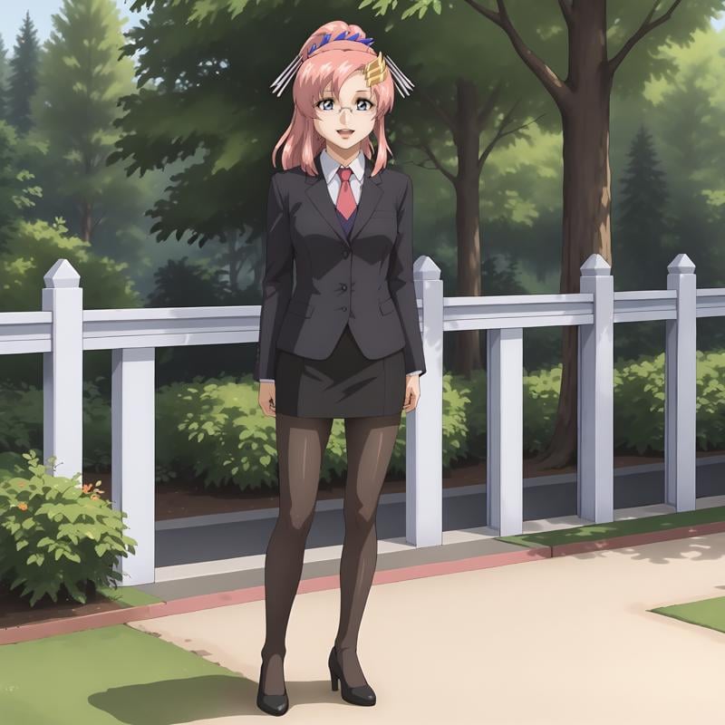 <lora:LacusClyneXLpony002>,looking at viewer,smile,open mouth,solo,LacusClyne,1girl,pink hair,ponytail,blue eyes,hair ornament,outdoors,nature,standing,full body,eyewear,business_suit,mini skirt,pantyhose,