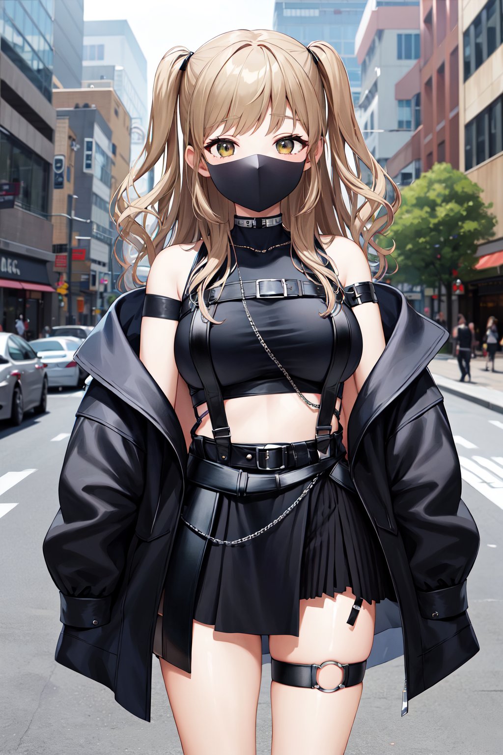 masterpiece, best quality, highres, ddsister, long hair, two side up, wavy hair, black mask, crop top, cropped shirt, black shirt, chest harness, suspenders, off shoulder, black jacket, open jacket, long sleeves, midriff, miniskirt, black skirt, thigh strap, <lora:sister_cleaire_v2:0.7>, standing, cowboy shot, city, street