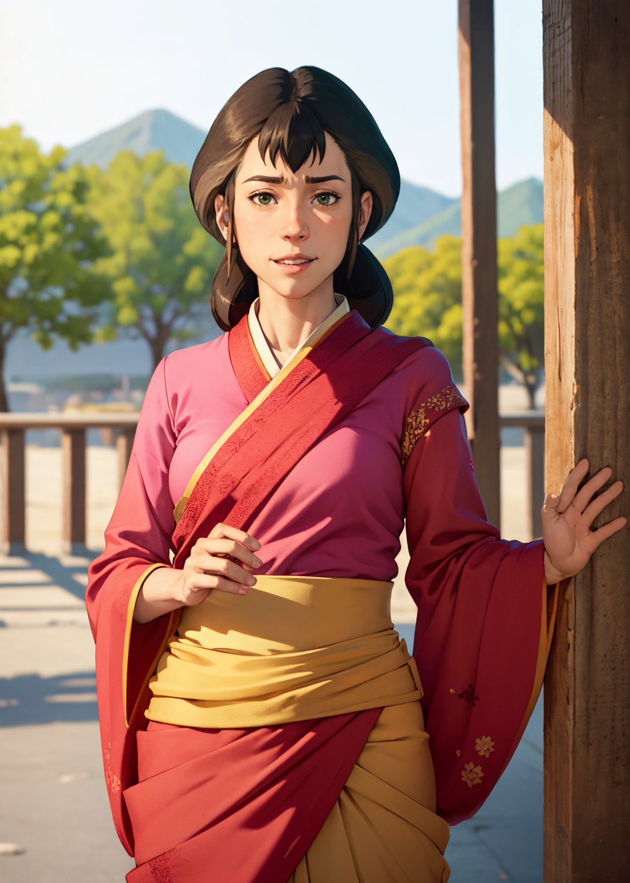 (upper_body shot, masterpiece, best_quality, ultra-detailed, immaculate:1.3),BREAK<lora:t10kp3ma-000024:1> t10kp3ma, solo, female focus, smile, looking at viewer, standing, yellow and red robe,<lora:detail_slider_v4:0.5>BREAKtemple,