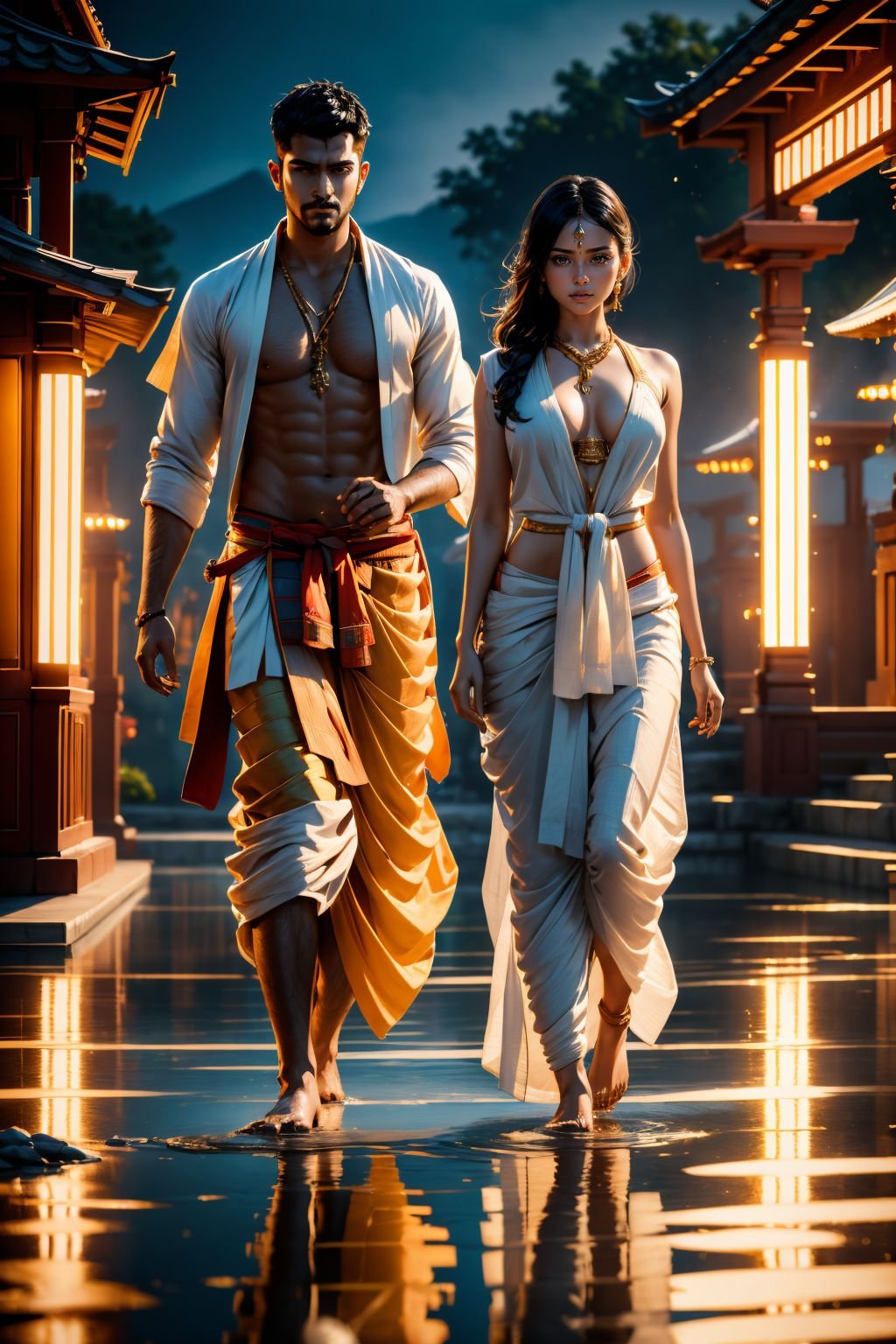 (boy and girl) north Indian wearing traditional dress and ornaments, standing surrounded water source, (girl wearing strip blouse with deep cleavage, big breasts), (boy wearing traditional dhoti and topless), wet (body, clothes), asian skin tone, realistic, finely detailed, quality, OverallDetail, masterpiece, best quality, high resolution, 8k, sharp focus, cinematography, cinematic lighting, movie scene, muted colors, professional, depth of field, photorealistic, magnificent, maximum details, (RAW, dslr, hdr, highest quality), smooth, roughness, hyper realistic, film grain, bokeh, epic, dramatic