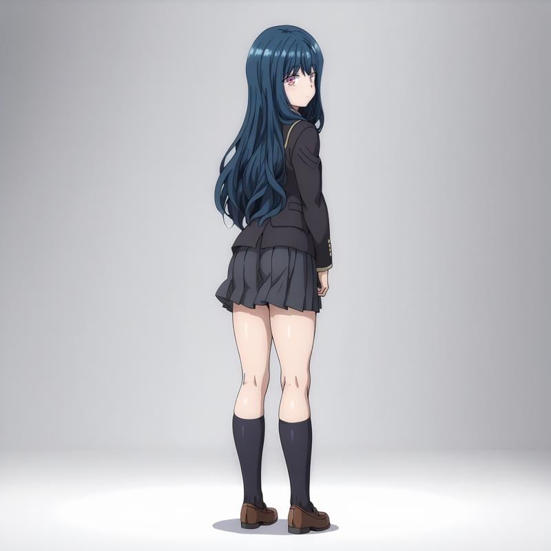 <lora:YuuNozakiXLpony001>,solo,YuuNozaki,1girl,blue hair,long hair,pink eyes,school_uniform,black blazer,pleated_skirt,black skirt,black socks,full body,standing,looking back,