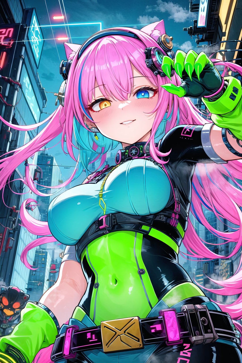 (Masterpiece), (highres), 8k, hyperdetailed, deep depth of field, motion blur, hirom1tsu, official alterate hairstyle, uique character concept, hair between eyes, hyperrealistc, hypnotizing green eyes, toxic, heterochromia, persona, devious, runge, punk girl, sassy, villain, claws, from below, mature female, bodysuit, blue and pink hair, goggles, steampunk, rajah hair, belt, perfect female figure, gorgeous, streaked hair, cityscape, street, neon sign, glowing lines, neon trim, bloom, shadow, dynamic line of action, fighting stance, cybernetic woman, nature, overgrown, augmentation, cable, mechanical parts, steam, dynamic posture, (working), wire, futuristic, sci-fi, metallic skin, chrome, cube, glowing, sci-fi, otherworldly, upper body, half-closed eyes, serene, alien architecture, scenery,sugar_rune,1 girl<lora:EMS-352161-EMS:0.900000>, <lora:EMS-1093-EMS:0.300000>, <lora:EMS-91280-EMS:0.500000>