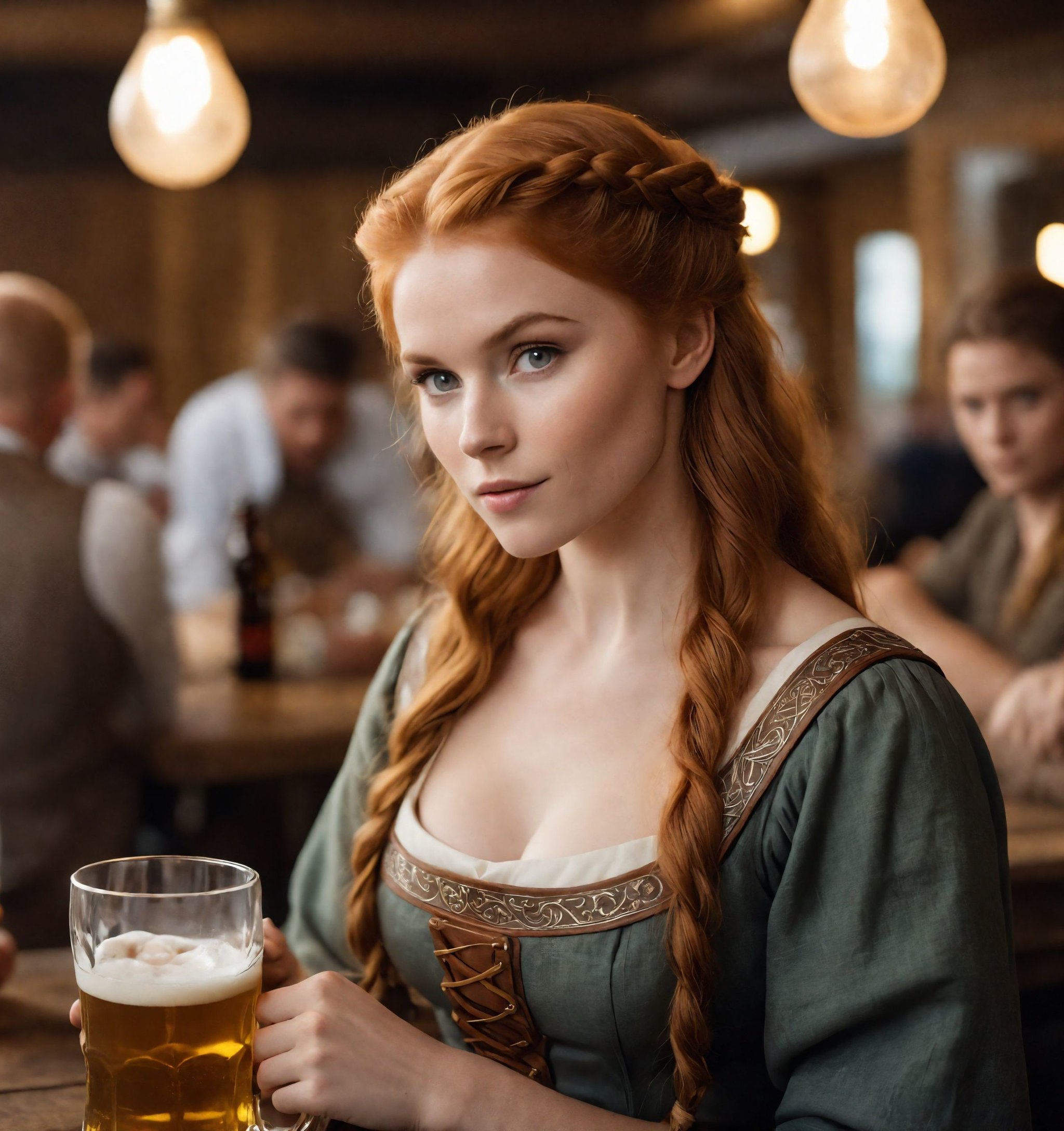 cinematic photo cinematic photo (masterpiece, 4k, vikingpunkai, nsfw, perfect face, best quality), photo of young Viking maiden, ginger hair, linen dress, sexy amour, slim muscular body, sitting at long table, drinking from a beer tanker . 35mm photograph, film, bokeh, professional, 4k, highly detailed . 35mm photograph, film, bokeh, professional, 4k, highly detailed