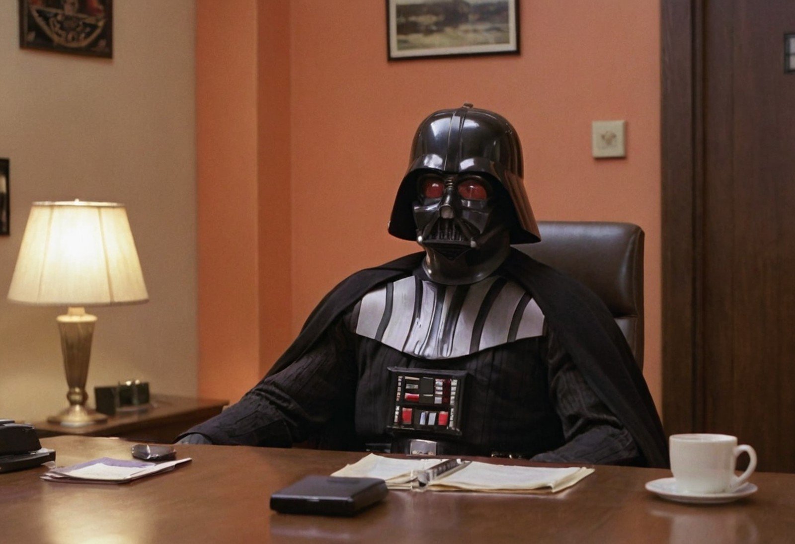 CineShining, indoors, Overlook Hotel, Darth Vader, sitting, closeup, desk, office