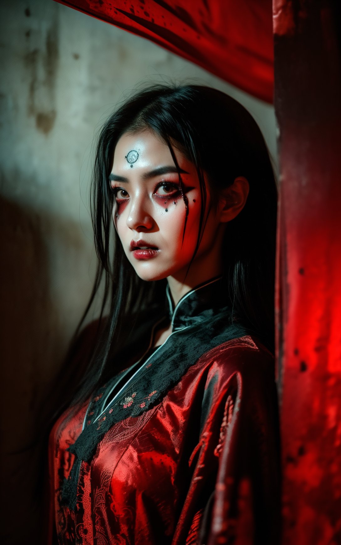 horror-themed (best quality, masterpiece:1.2),ultra high res,(photorealistic:1.4),great textures,ultra high res,(realistic:1.3),A spectral bride with unsettling makeup sits solemnly inside a shadowy,ancient coffin,draped in a traditional Chinese bridal gown of deep,dark red hues. The surrounding room exudes a grim atmosphere,bathed in an ominous,dark crimson light that casts eerie shadows over faded,ornate patterns on the walls,enhancing the macabre and chilling ambience of the scene,a zombie girl,dead women,rotting on face,from front,blood on neck,dirty on face,steel-blue dead face . eerie,unsettling,dark,spooky,suspenseful,grim,highly detailed,,