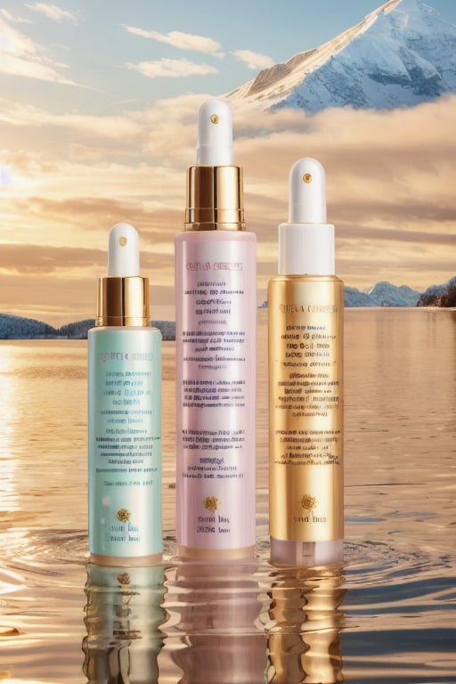 (Hyper quality:1.41),High resolution,Colorful,Extreme Details,Vivid Colors,(masterpiece:1.42),skin care product,on the golden water waves,the background is snow-capped mountains,exquisite light source,photographic sense,<lora:MooMoo-Golden Cosmetic:1>,