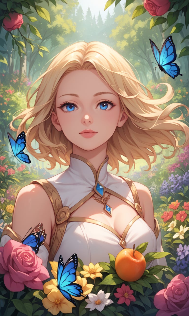 score_9, score_8_up, score_7_up, score_6_up, score_5_up, score_4_up, source_anime, BREAK, portrait, 1girl, solo, blonde hair, blue eyes, masterpiece, best quality, ultra-detailed, floating, beautiful detailed eyes, detailed light, fruits, flowers, colorful, garden, colorful background, forest, butterfly