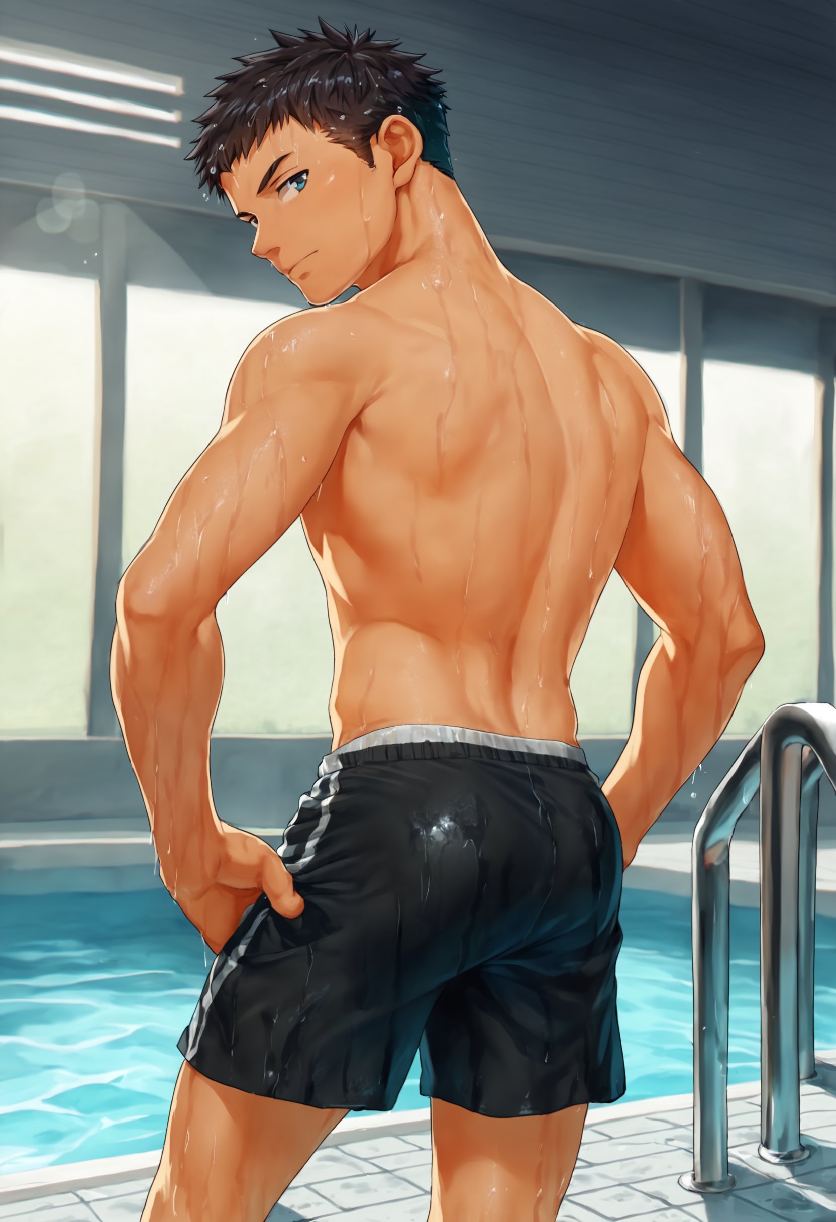 score_9, score_8_up, score_7_up, score_6_up, source_cg, indoors, pool, concrete wall, depth of field, chromatic aberration, sunlight, cowboy shot, from behind, 1boy, solo, bara, looking back at viewer, topless, swim trunks, wet <lora:fujimodoki-amxl-v1c-ShoAI:1>