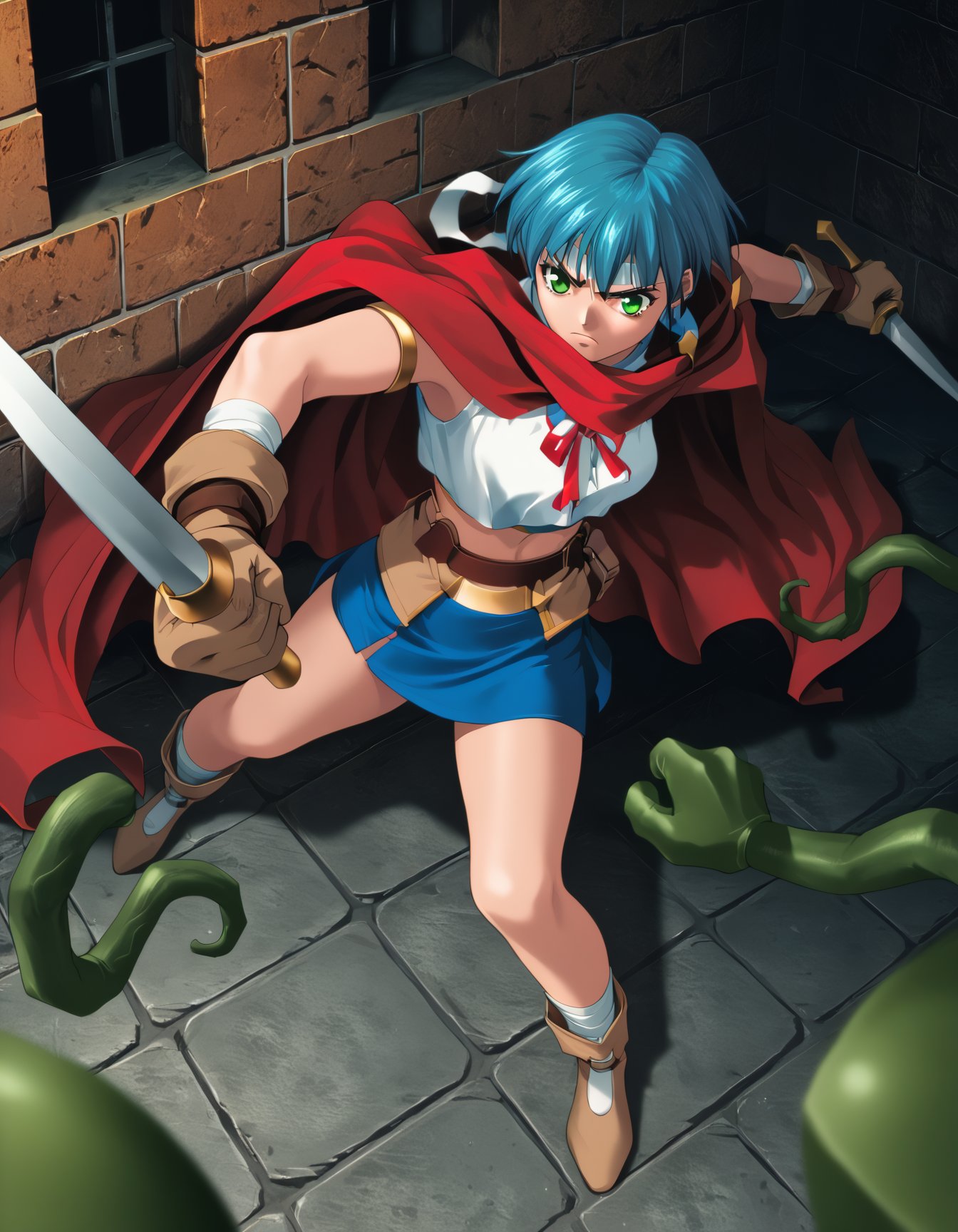 score_9,  score_8_up, score_7_up <lora:epo-ponyxl-000040:1> wwepo, blue hair, green eyes, (headband:0.5), red cape, microskirt, blue skirt,battle, brick wall, dungeon, fighting stance, from above, holding weapon, legs apart, two-handed, vines, window