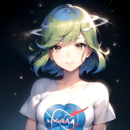 2d, masterpiece, best quality, anime, highly detailed face, highly detailed eyes, highly detailed background, perfect lighting, full body, 1girl, solo, earth-chan, brown eyes, t-shirt, medium breasts, space, earth \(planet\), smile  <lora:earth-chan-10:1>