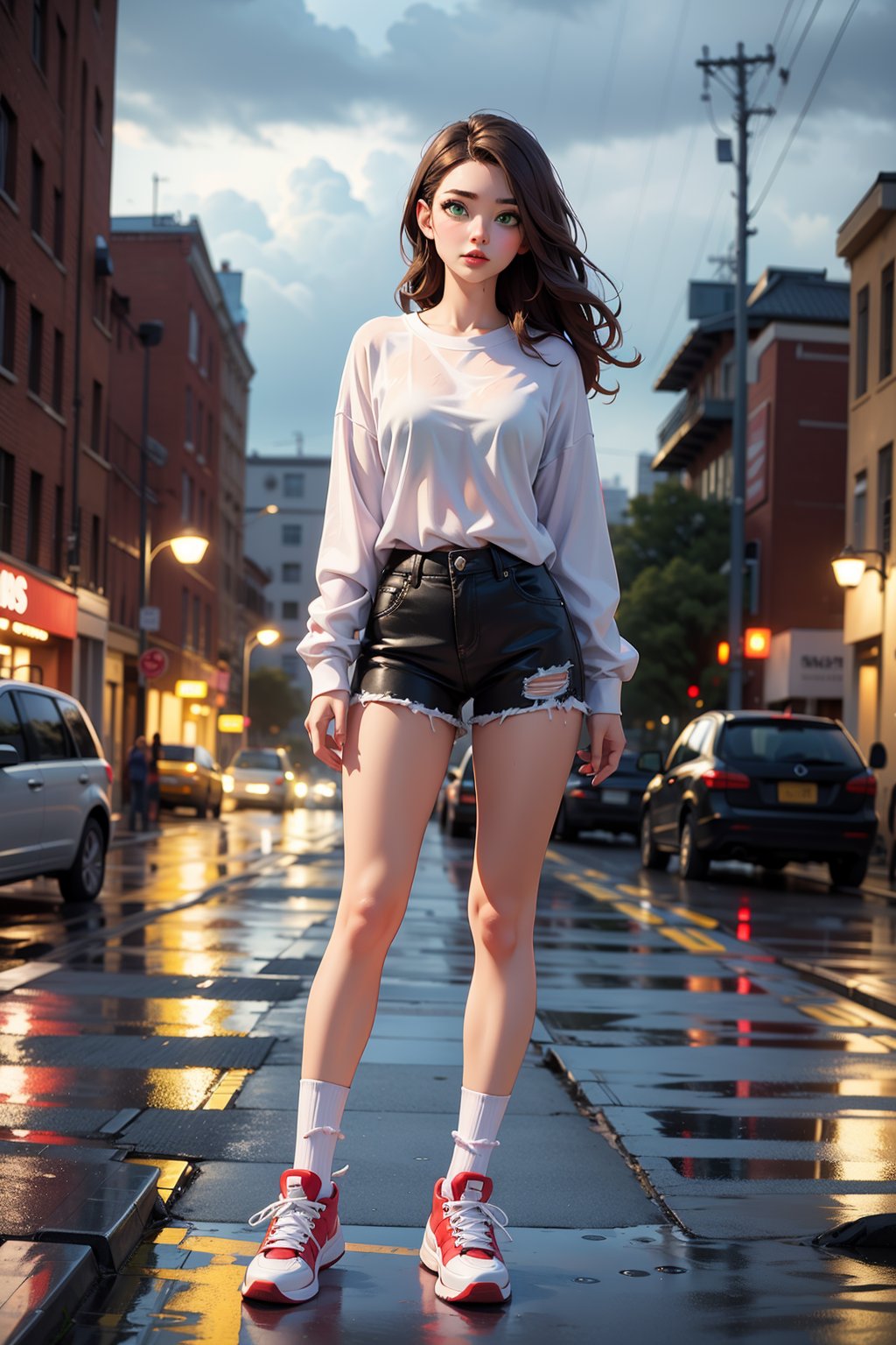 (full body shot) 22 year old woman,(getting rained on),(standing in the rain),long golden brown hair,green eyes,((wearing an oversized shirt, socks with high--tops)),(best quality, masterpiece:1.2),(photo-realistic),cute,cityscape,night,lots of rain,wet,