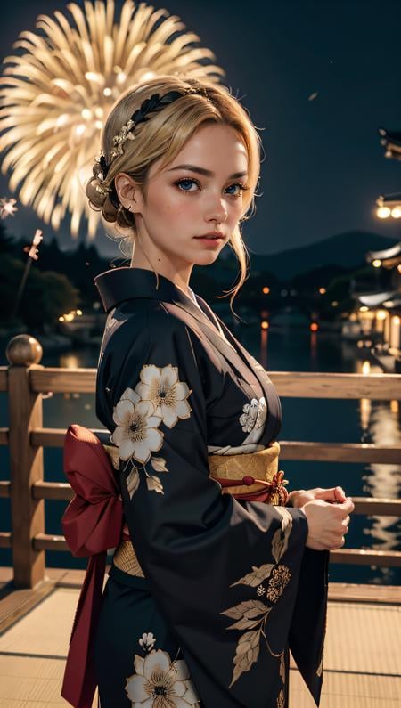 (best quality, masterpiece, colorful, dynamic angle, highest detailed) Realistic photo, fashion photography of a cute European girl with iridiscent blonde hair, flirting with POV, in traditional japanese gold&black kimono, ultra detailed kimono textures, perfect night, kyoto, fireworks, (intricate details, hyperdetailed:1.15), detailed, moonlight passing through hair, (official art, extreme detailed, highest detailed), HDR+