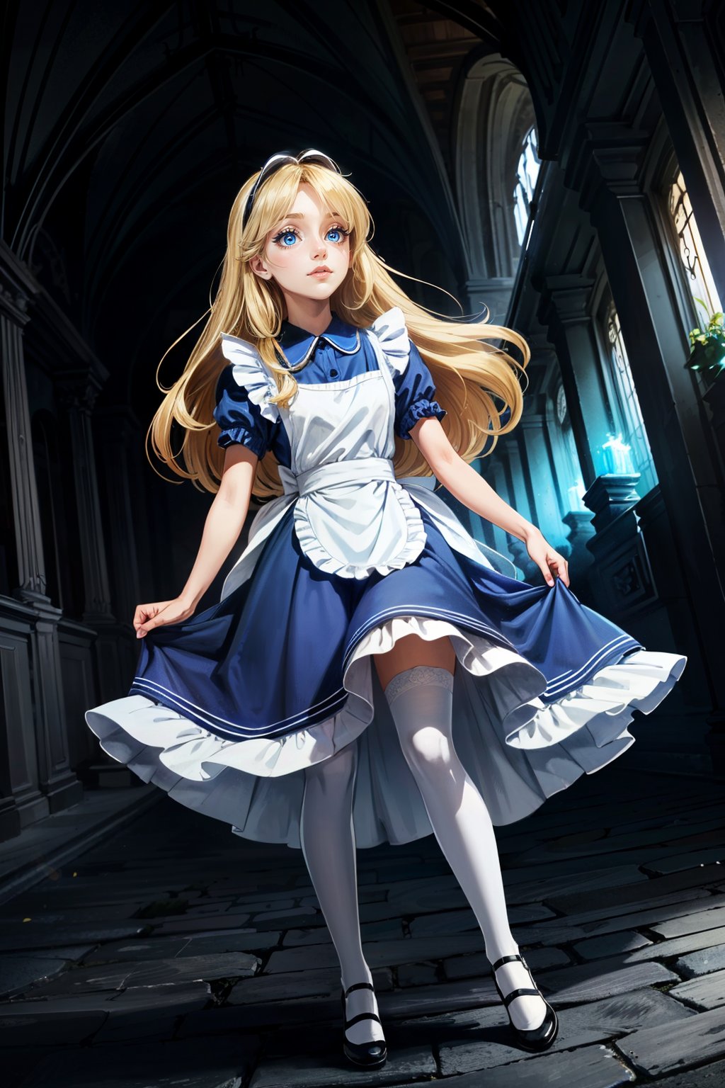((ultra detailed, masterpiece, best quality)) <lora:DisneyAlice:0.9>DisneyAlice, 1girl, solo, long hair, blonde hair, blue eyes, blue dress, white apron, white thighhighs, black shoes, standing in front of a picturesque landscape, full body, with arms folded