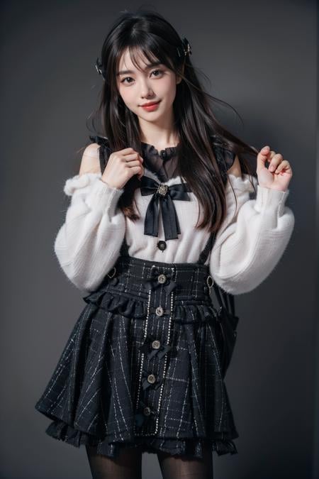 best quality, masterpiece, 1girl, solo, black hair, long hair, straight hair, looking at viewer, smile, standing, cowboy shot, dating attire, sweater, white sweater, bow sweater, shoulder cutout, skirt, buttons skirt, suspender skirt, pantyhose, grey background, <lora:dating_attire_style8_v1:0.7>