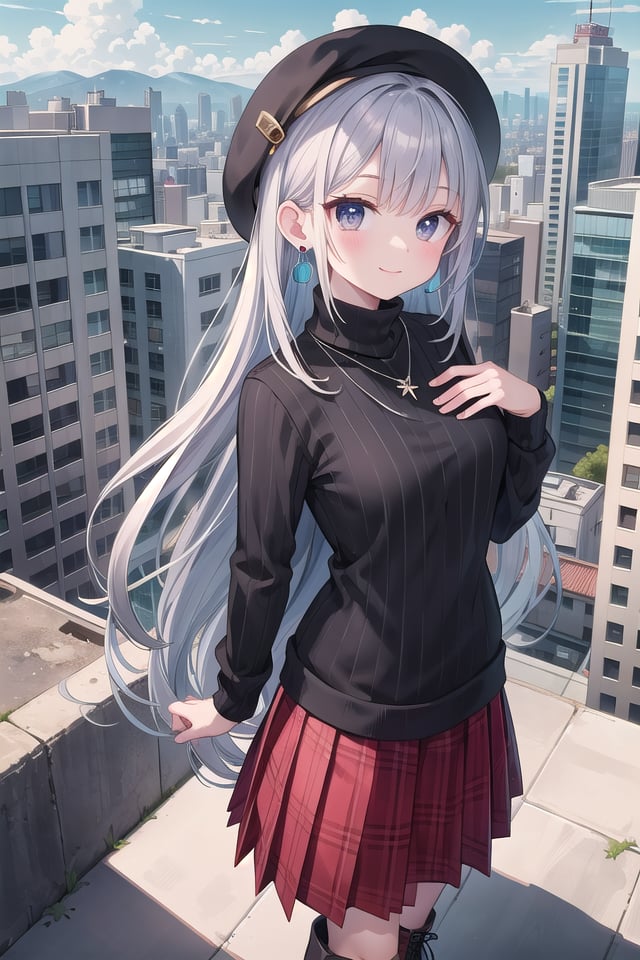 insanely detailed, absurdres, ultra-highres, ultra-detailed, best quality,1girl, solo, nice hands, perfect handsBREAK(nsfw:-1.5),(black theme:1.4), (fit body:1.3), (tight long sleeve and turtleneck (black sweater):1.4), (black heeled boots with lace-up:1.1),BREAK(black and red theme:1.3), ((red) high-waisted ((maxi length skirt, very long A line skirt):1.2) with [plaid pattern]:1.4), ((black) bucket hat with wide brim:1.4),BREAK((earrings, necklace):1.2),(naked skin:-1), (mini skirt:-1), (legs:-1), (straw hat:-1), (red hat:-1), (green hat:-1), (white sweater:-1), (slit:-1), (belt:-1), (multiple necklaces:-1), (navel:-1), (waist:-1), (cleavage:-1.5)BREAKhappy smile, laugh, closed mouth,45 angle,cute pose, cowboy shot, looking at viewerBREAKslender, kawaii, perfect symmetrical face, ultra cute girl, ultra cute face, ultra detailed eyes, ultra detailed hair, ultra cute, ultra beautifulBREAK((summer sky:1.3),(cumulonimbus),blue sky,group of buildings,1Contrail,(cityscape:1.5),warm light, the top of the hill,(Overlooking the cityscape:1.5),(scenery:1.5),(Looking down on the city from the roof of a building:1.3), (very wide, panorama view, sense of depth, magnificent view:1.3)BREAKmedium breastsBREAKblack hair, black eyes, waterfall braids,