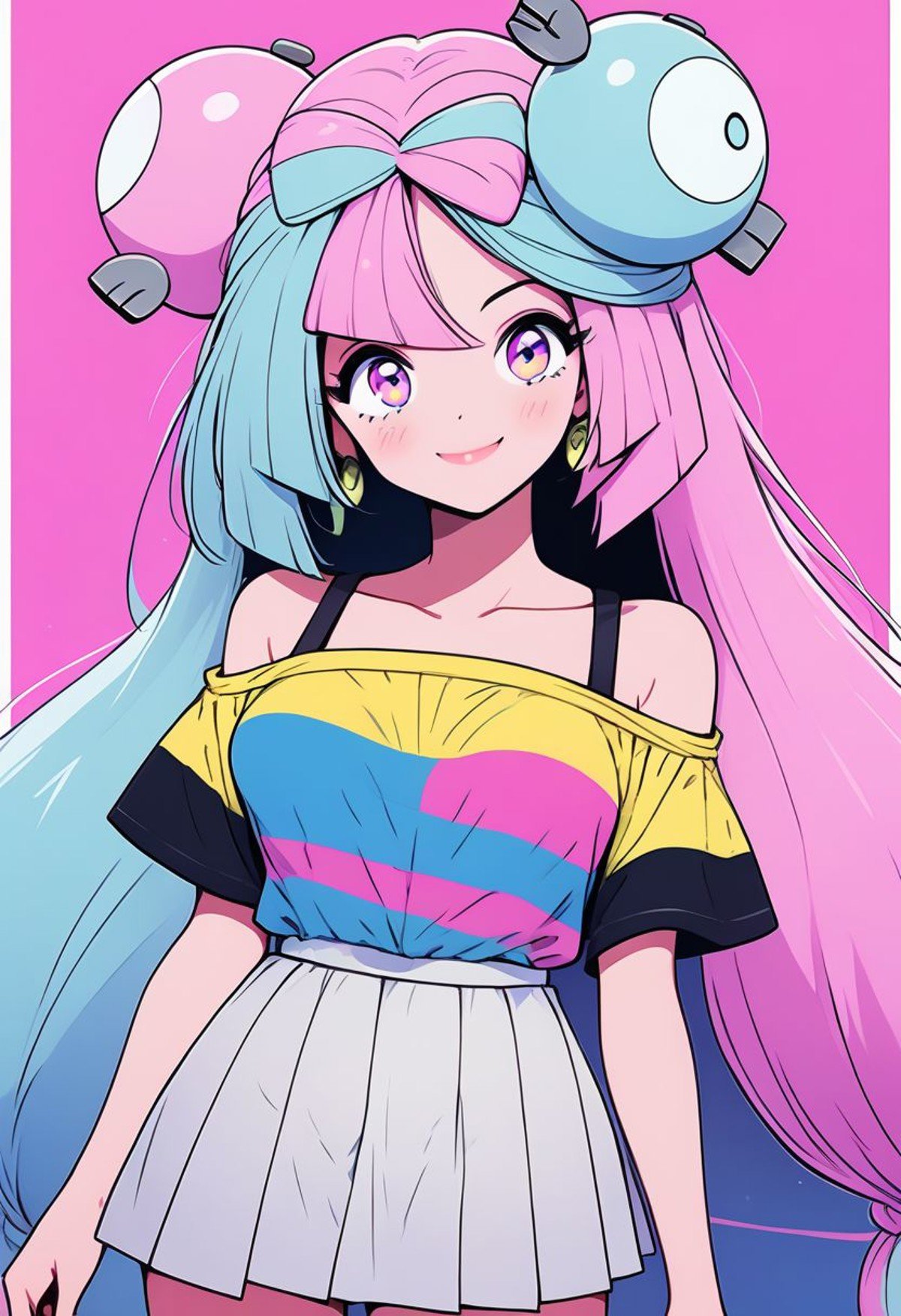 score_9, score_8_up, score_8, medium breasts, (curvy), cute, eyelashes,       BREAK, zzionopokemon, solo, 1girl,  long hair, pink eyes, blue hair, pink hair, light blue hair, multicolored hair, bow-shaped hair, BREAK,smile, 1girl, solo, looking at viewer, blush, short hair, bangs, blue eyes, skirt, shirt, bare shoulders, jewelry, collarbone, short sleeves, grey hair, cowboy shot, pleated skirt, earrings, striped, off shoulder, makeup, white skirt, off-shoulder shirt, shirt tucked in, multicolored shirt,zPDXL,