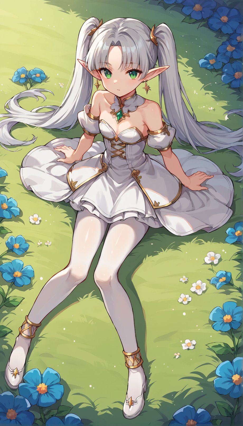 score_9, score_8_up, score_7_up, score_6_up, source anime,nereirfpnxl, frieren, 1girl, elf, pointy ears, white dress, twilight, silver hair, twintails, pantyhose, earrings, green eyes, blue flowers, on grass, from above, wariza, looking at viewer, close-up, eye focus, sitting, flower anklet