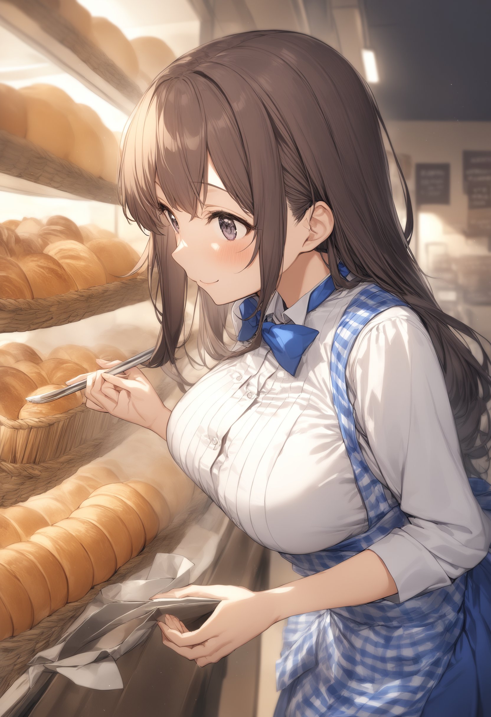 1girl, <lora:sdxl2-flat2-512b:-1>,medium breasts,<lora:kobeyaXLv1:0.8>,kobeya uniform,blue skirt, blue neckwear, gingham apron, Bakery,from side, cinematic angle, looking ahead, smile,  closed mouth,best quality,medium quality,